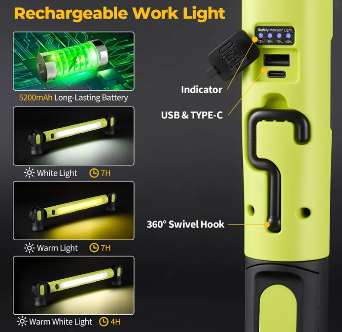 Magnetic USB Rechargeable Work Light with Hook