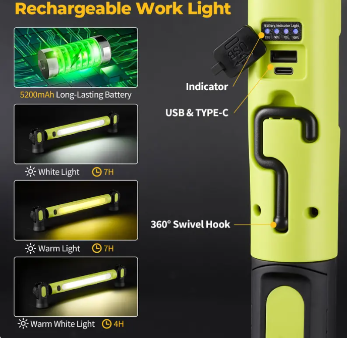 Magnetic USB Rechargeable Work Light with Hook